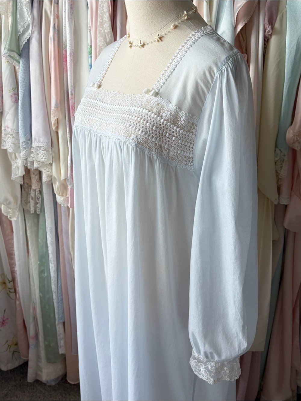 vintage christian dior soft baby blue cotton long sleeve nightgown L